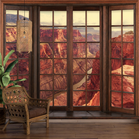 Optical Illusion Panoramic Wood Window Wall Mural / Wallpaper - Grand Canyon