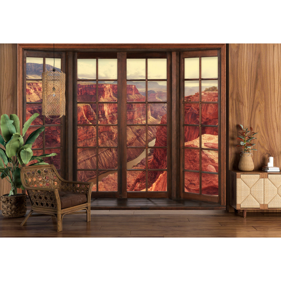 Optical Illusion Panoramic Wood Window Wall Mural / Wallpaper - Grand Canyon