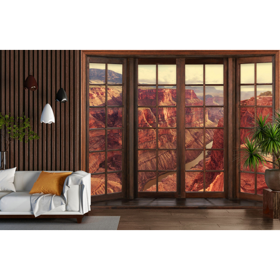 Optical Illusion Panoramic Wood Window Wall Mural / Wallpaper - Grand Canyon