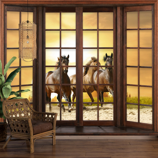 Optical Illusion Panoramic Wood Window Wall Mural / Wallpaper - Horses