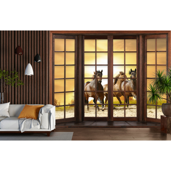 Optical Illusion Panoramic Wood Window Wall Mural / Wallpaper - Horses