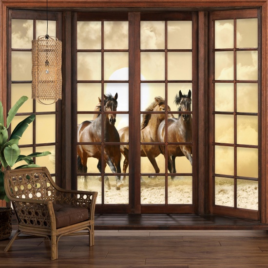 Optical Illusion Panoramic Wood Window Wall Mural / Wallpaper - Horses