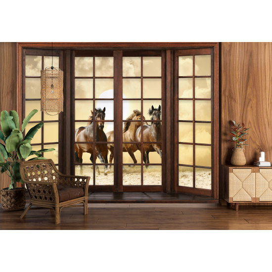 Optical Illusion Panoramic Wood Window Wall Mural / Wallpaper - Horses