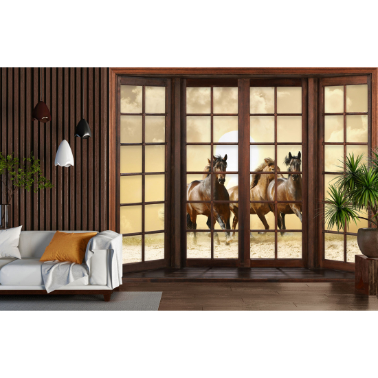 Optical Illusion Panoramic Wood Window Wall Mural / Wallpaper - Horses