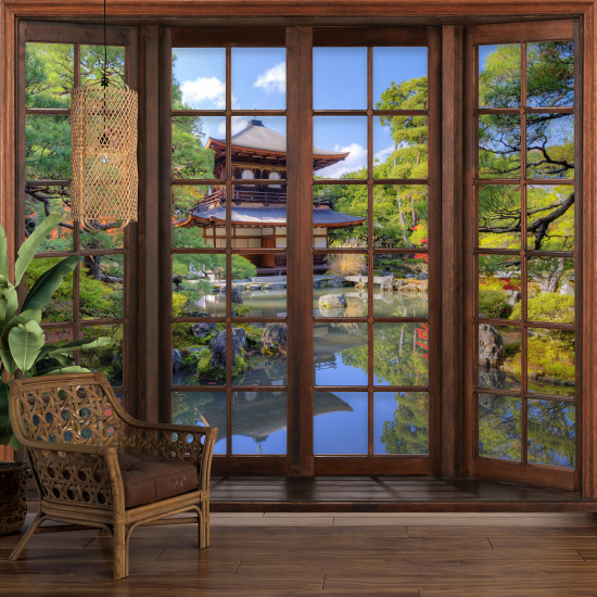 Optical Illusion Panoramic Wood Window Wall Mural / Wallpaper - Japanese Temple