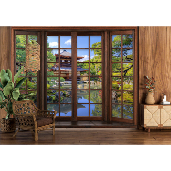 Optical Illusion Panoramic Wood Window Wall Mural / Wallpaper - Japanese Temple