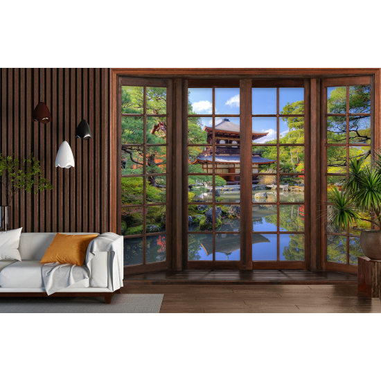 Optical Illusion Panoramic Wood Window Wall Mural / Wallpaper - Japanese Temple