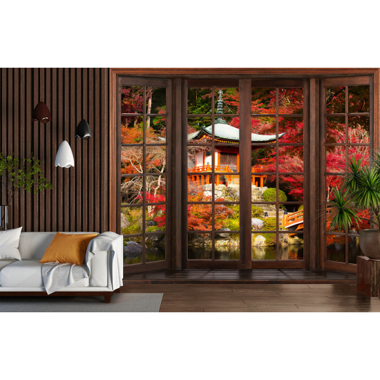 Optical Illusion Panoramic Wood Window Wall Mural / Wallpaper - Japanese Temple