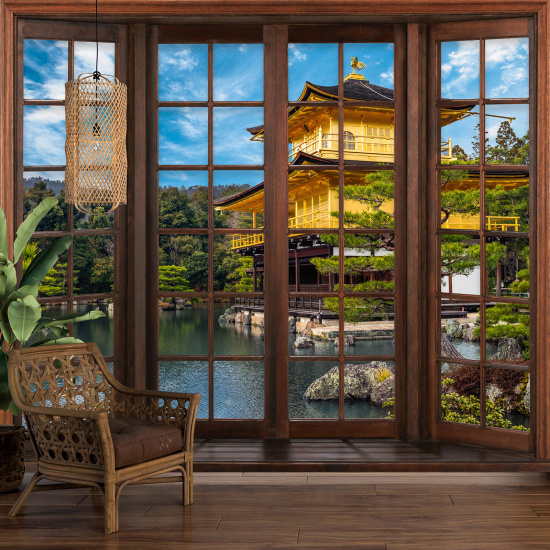 Optical Illusion Panoramic Wood Window Wall Mural / Wallpaper - Japanese Temple