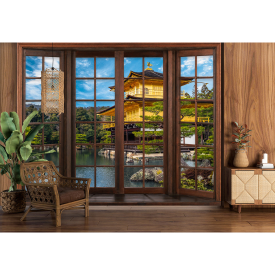 Optical Illusion Panoramic Wood Window Wall Mural / Wallpaper - Japanese Temple