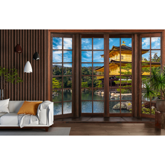 Optical Illusion Panoramic Wood Window Wall Mural / Wallpaper - Japanese Temple