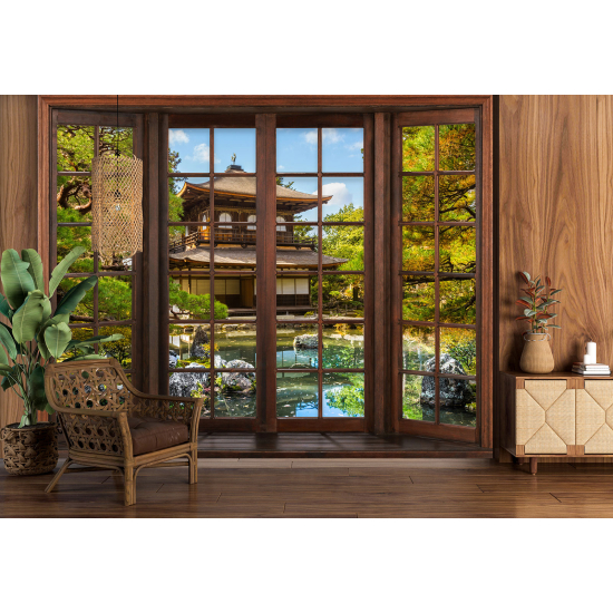 Optical Illusion Panoramic Wood Window Wall Mural / Wallpaper - Japanese Temple