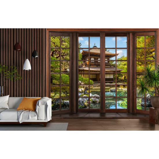 Optical Illusion Panoramic Wood Window Wall Mural / Wallpaper - Japanese Temple