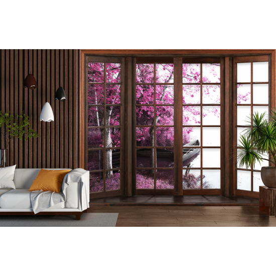 Optical Illusion Panoramic Wood Window Wall Mural / Wallpaper - Lake