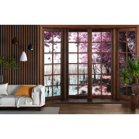 Optical Illusion Panoramic Wood Window Wall Mural / Wallpaper - Lake