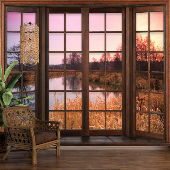 Optical Illusion Panoramic Wood Window Wall Mural / Wallpaper - Lake