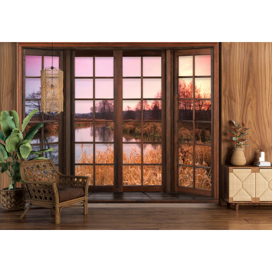 Optical Illusion Panoramic Wood Window Wall Mural / Wallpaper - Lake