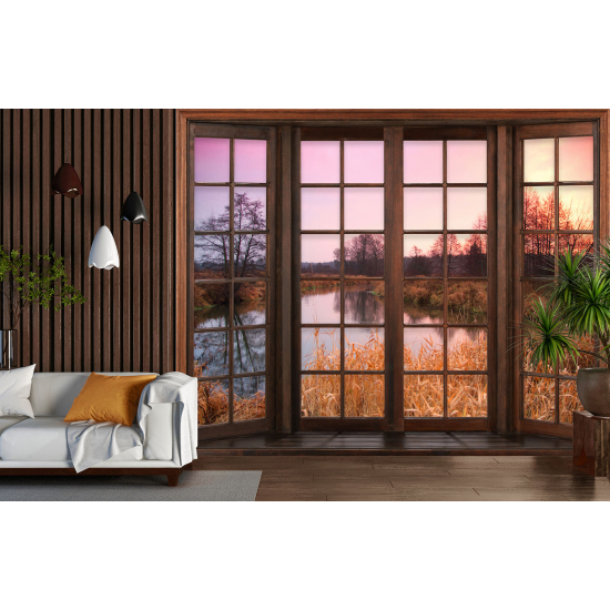 Optical Illusion Panoramic Wood Window Wall Mural / Wallpaper - Lake