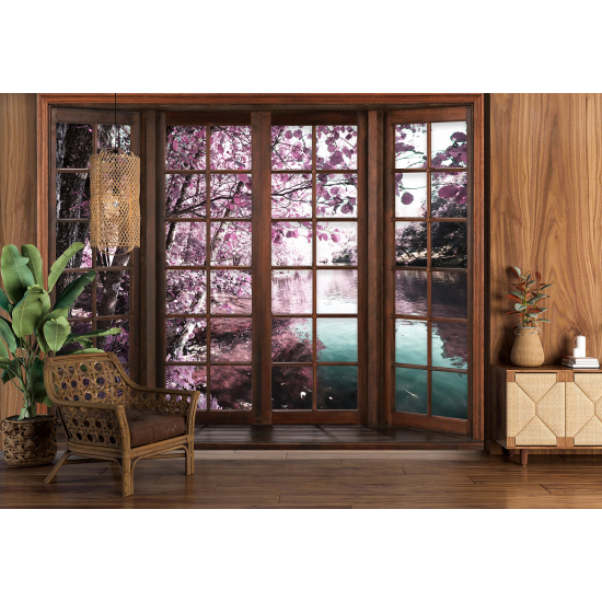 Optical Illusion Panoramic Wood Window Wall Mural / Wallpaper - Lake