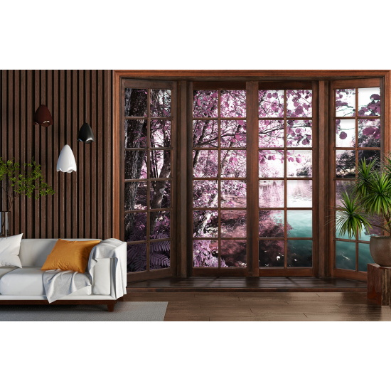 Optical Illusion Panoramic Wood Window Wall Mural / Wallpaper - Lake