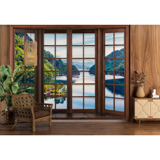 Optical Illusion Panoramic Wood Window Wall Mural / Wallpaper - Lake