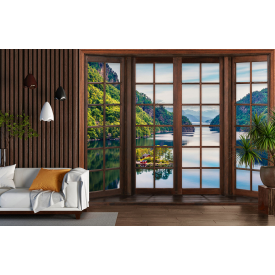 Optical Illusion Panoramic Wood Window Wall Mural / Wallpaper - Lake