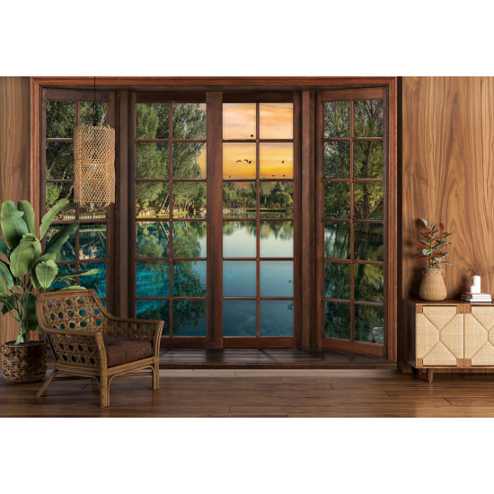 Optical Illusion Panoramic Wood Window Wall Mural / Wallpaper - Lake