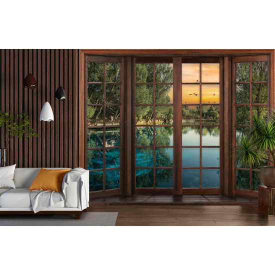 Optical Illusion Panoramic Wood Window Wall Mural / Wallpaper - Lake