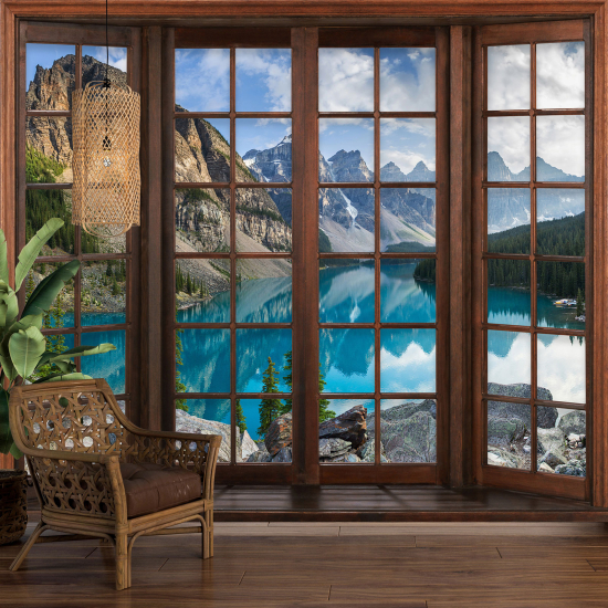 Optical Illusion Panoramic Wood Window Wall Mural / Wallpaper - Lake Mountains