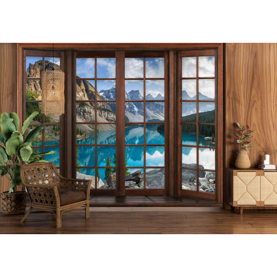 Optical Illusion Panoramic Wood Window Wall Mural / Wallpaper - Lake Mountains