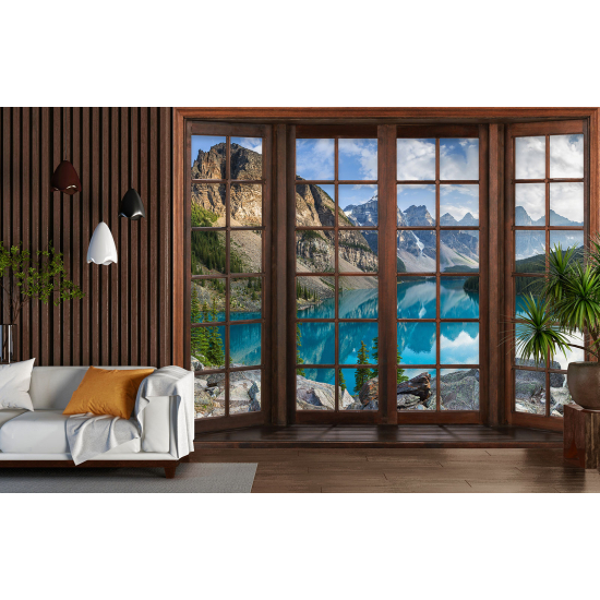 Optical Illusion Panoramic Wood Window Wall Mural / Wallpaper - Lake Mountains