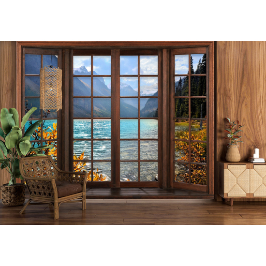 Optical Illusion Panoramic Wood Window Wall Mural / Wallpaper - Lake Mountains