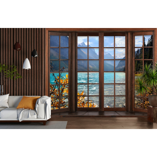 Optical Illusion Panoramic Wood Window Wall Mural / Wallpaper - Lake Mountains