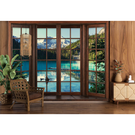 Optical Illusion Panoramic Wood Window Wall Mural / Wallpaper - Lake Mountains