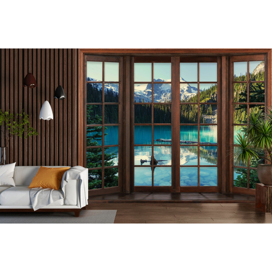 Optical Illusion Panoramic Wood Window Wall Mural / Wallpaper - Lake Mountains