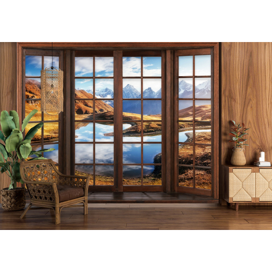 Optical Illusion Panoramic Wood Window Wall Mural / Wallpaper - Lake Mountains