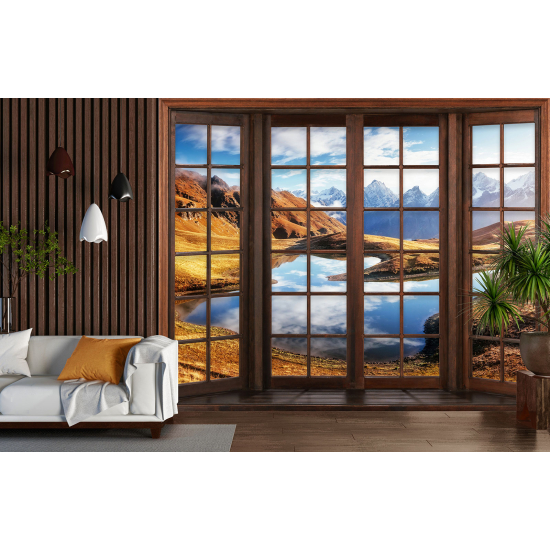 Optical Illusion Panoramic Wood Window Wall Mural / Wallpaper - Lake Mountains