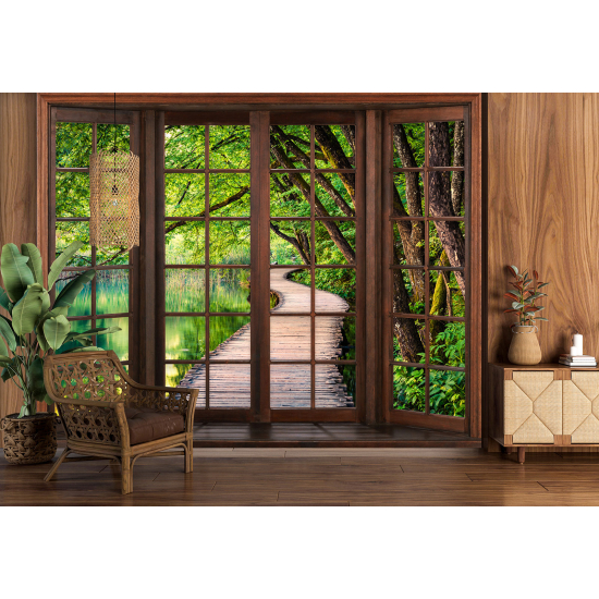 Optical Illusion Panoramic Wood Window Wall Mural / Wallpaper - Lake pontoon