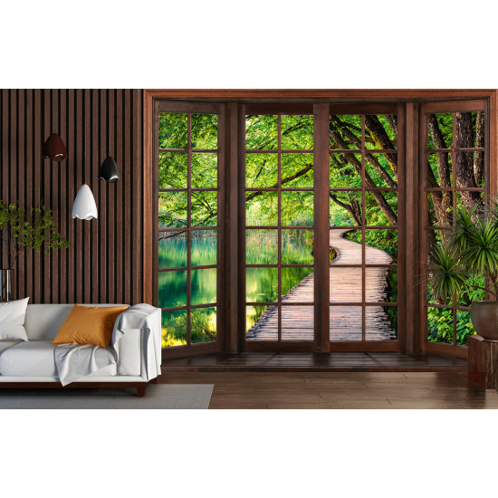 Optical Illusion Panoramic Wood Window Wall Mural / Wallpaper - Lake pontoon