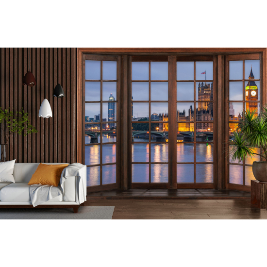 Optical Illusion Panoramic Wood Window Wall Mural / Wallpaper - London