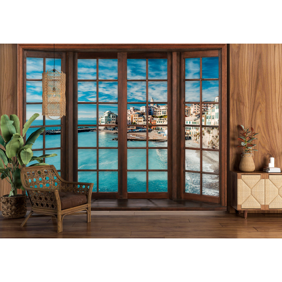 Optical Illusion Panoramic Wood Window Wall Mural / Wallpaper - Mediterranean Village