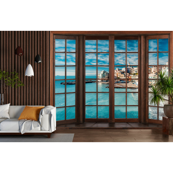 Optical Illusion Panoramic Wood Window Wall Mural / Wallpaper - Mediterranean Village