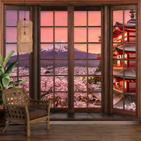 Optical Illusion Panoramic Wood Window Wall Mural / Wallpaper - Mount Fuji Japan