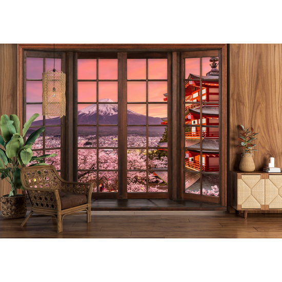 Optical Illusion Panoramic Wood Window Wall Mural / Wallpaper - Mount Fuji Japan