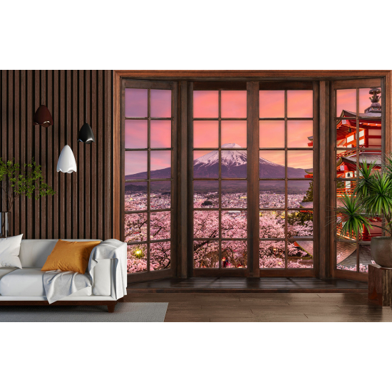 Optical Illusion Panoramic Wood Window Wall Mural / Wallpaper - Mount Fuji Japan