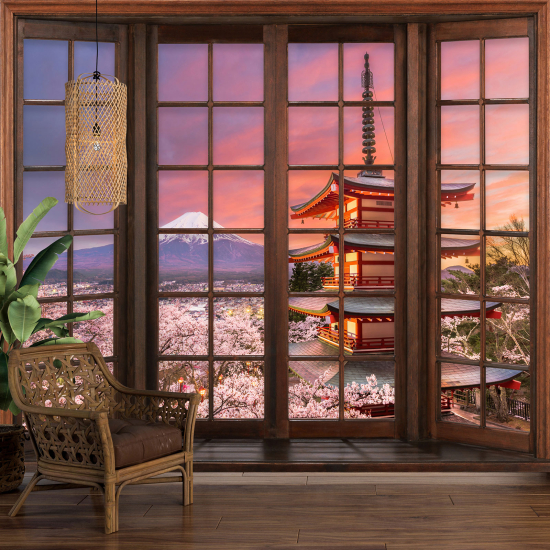 Optical Illusion Panoramic Wood Window Wall Mural / Wallpaper - Mount Fuji Japan