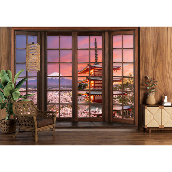 Optical Illusion Panoramic Wood Window Wall Mural / Wallpaper - Mount Fuji Japan