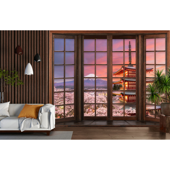 Optical Illusion Panoramic Wood Window Wall Mural / Wallpaper - Mount Fuji Japan