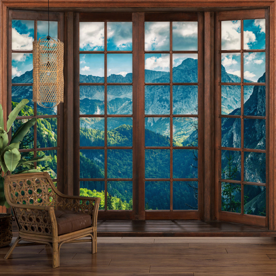 Optical Illusion Panoramic Wood Window Wall Mural / Wallpaper - Mountains