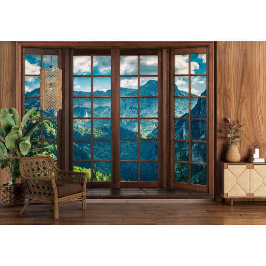 Optical Illusion Panoramic Wood Window Wall Mural / Wallpaper - Mountains